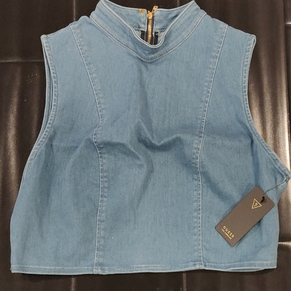 Guess blue high neck jean denim shirt crop top L